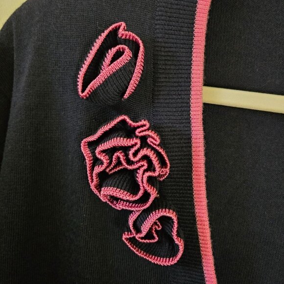 Vintage Schrader Navy Long Line V Neck Cardigan Sweater 3D Flower Unique Size M - Picture 3 of 6